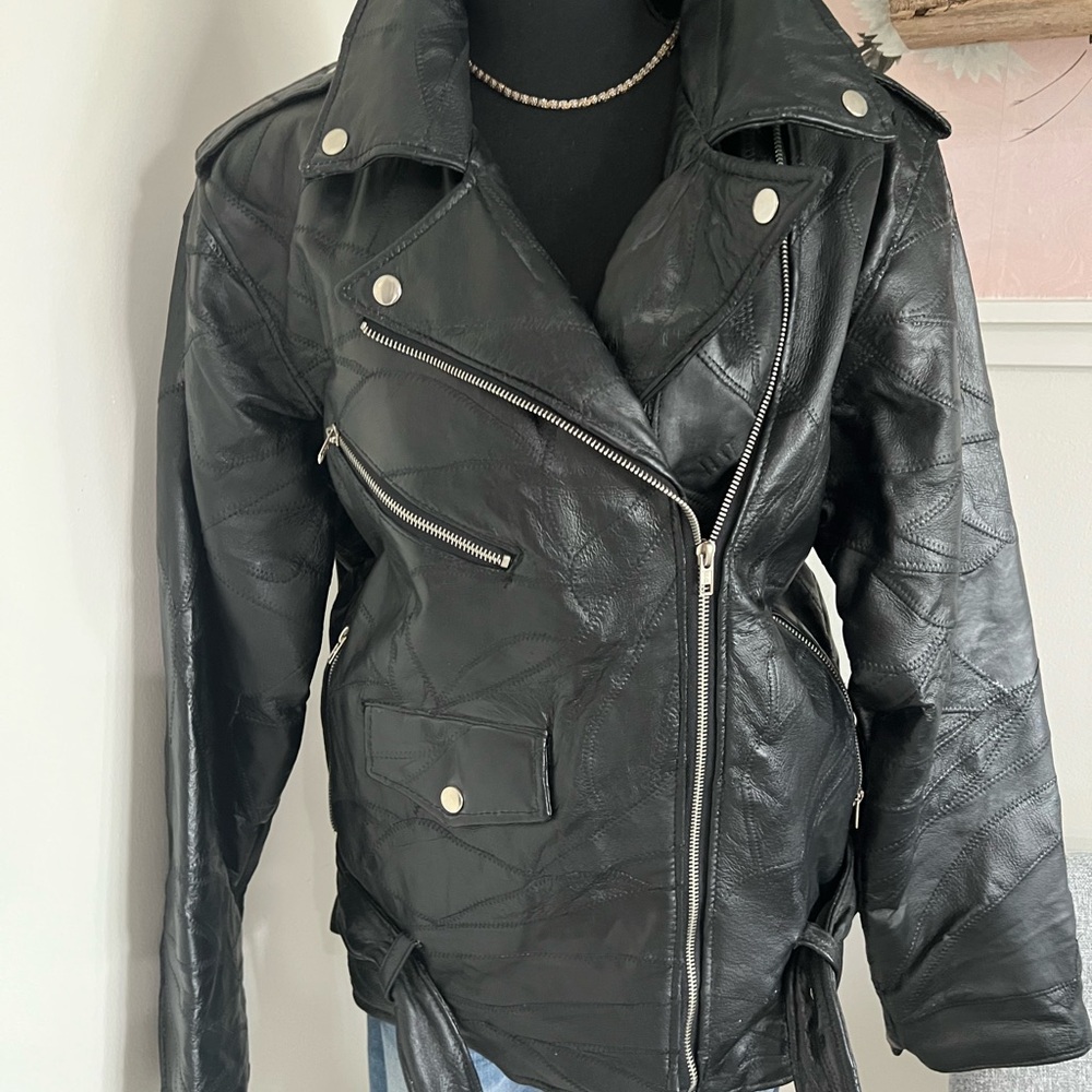 Vtg Leather Jacket Large 90s Biker Patchwork USA Eagle Embroidered Black Moto